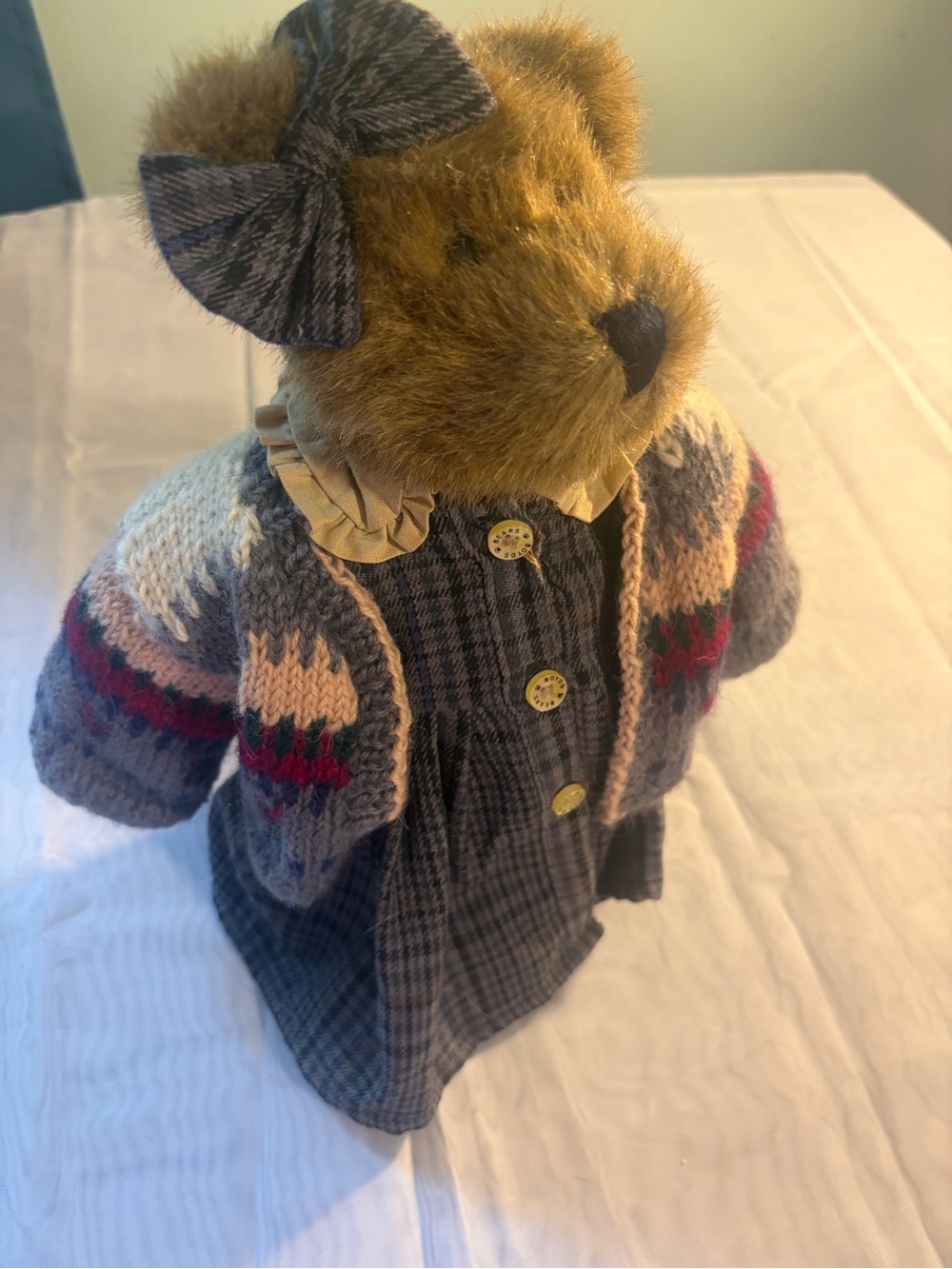Boyds Bears Brown Plush Teddy in Plaid Dress with Knit Cardigan